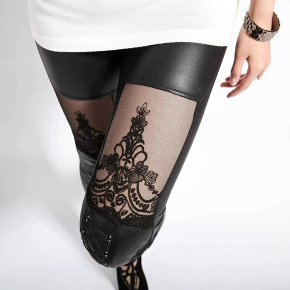 ZARA Women Sexy Korean Style Faux Leather Leggings Lace Jacquard Patchwork Sheer